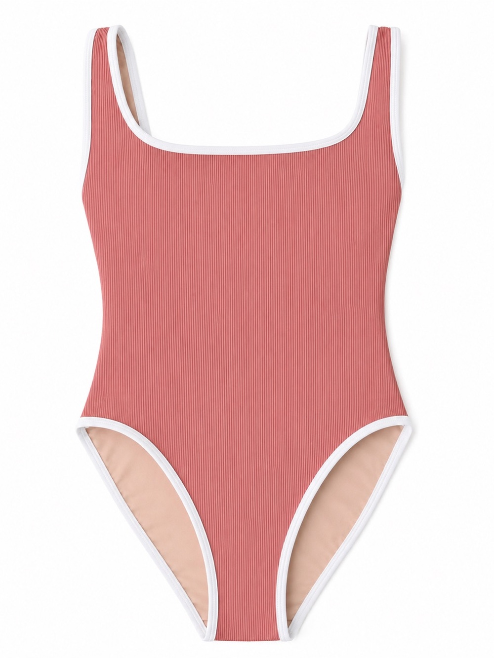 LainSnow Ribbed Dusty Rose One-Piece Swimsuit with White Trim